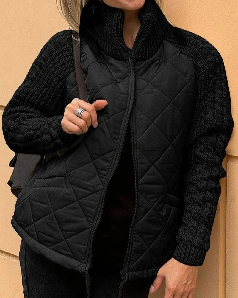 Quilted Zip Jacket – Beige Cable-Knit Sleeves Funnel Collar