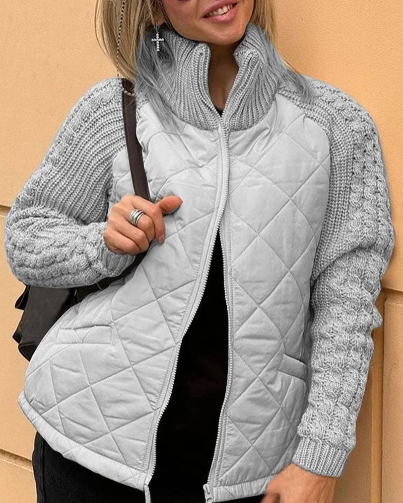 Quilted Zip Jacket – Beige Cable-Knit Sleeves Funnel Collar
