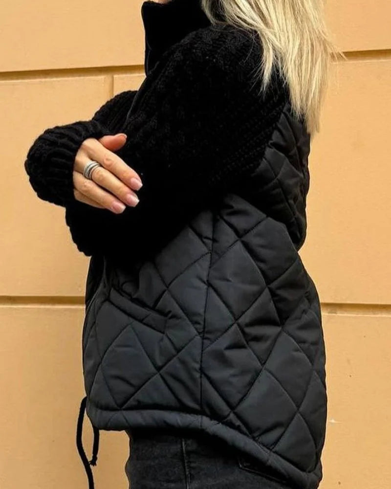 Quilted Zip Jacket – Beige Cable-Knit Sleeves Funnel Collar