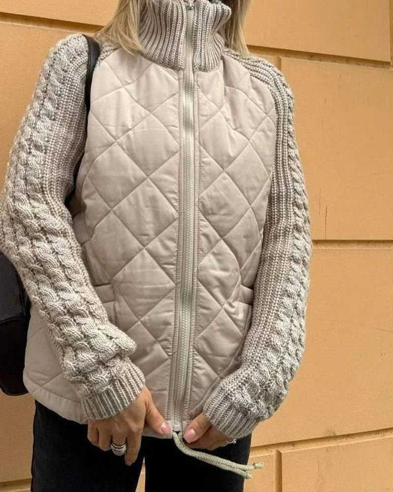 Quilted Zip Jacket – Beige Cable-Knit Sleeves Funnel Collar