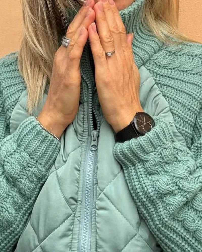 Quilted Zip Jacket – Beige Cable-Knit Sleeves Funnel Collar