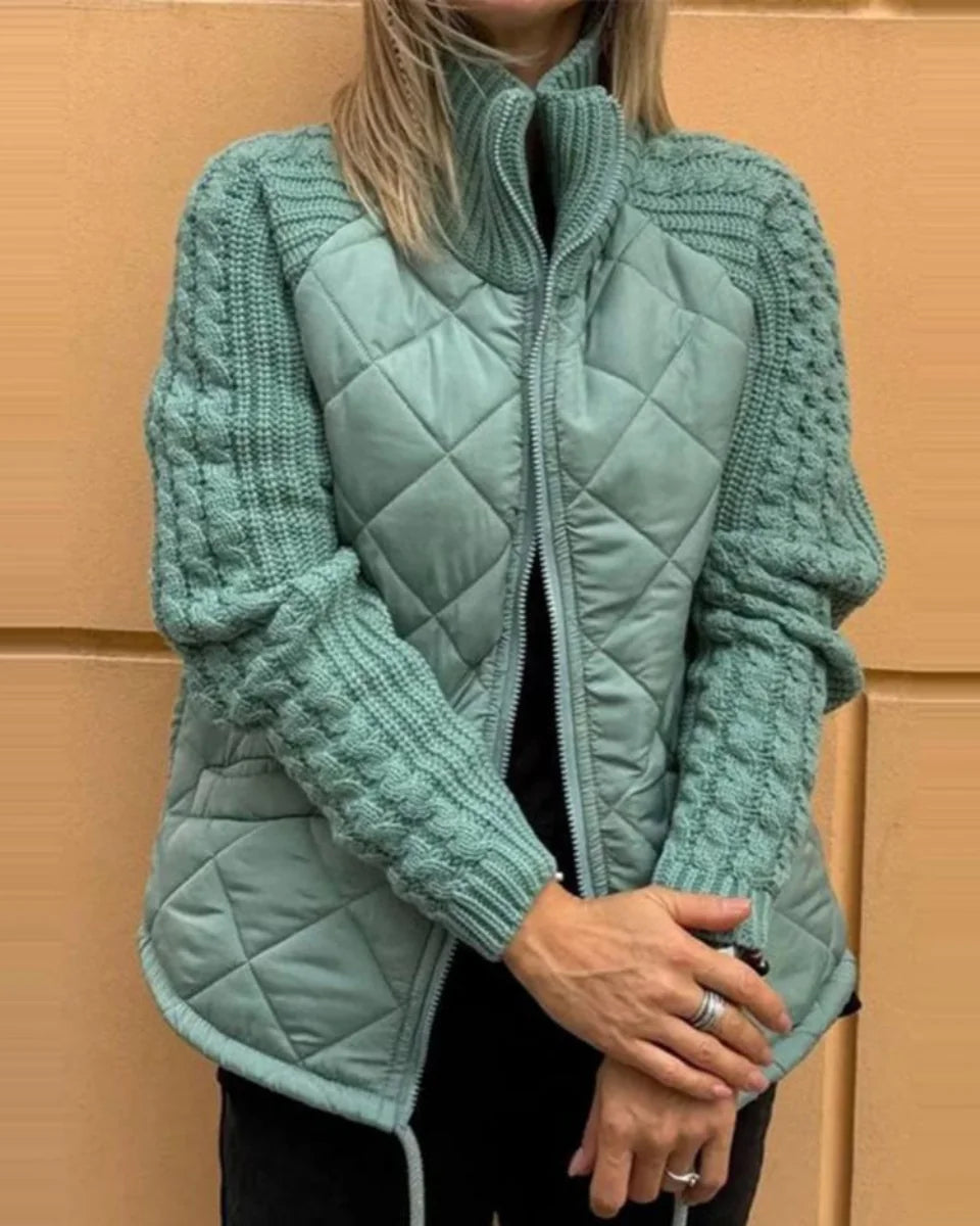 Quilted Zip Jacket – Beige Cable-Knit Sleeves Funnel Collar