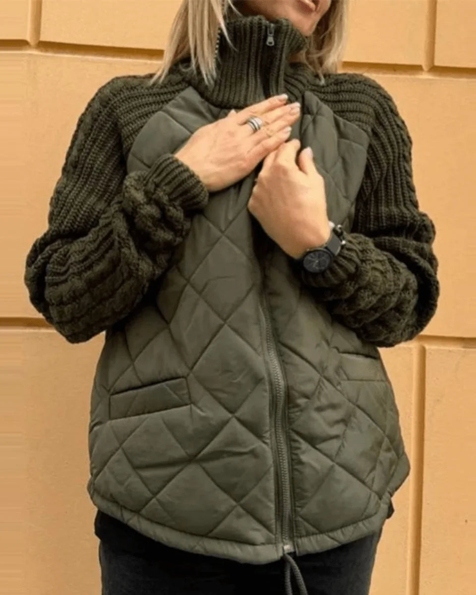 Quilted Zip Jacket – Beige Cable-Knit Sleeves Funnel Collar