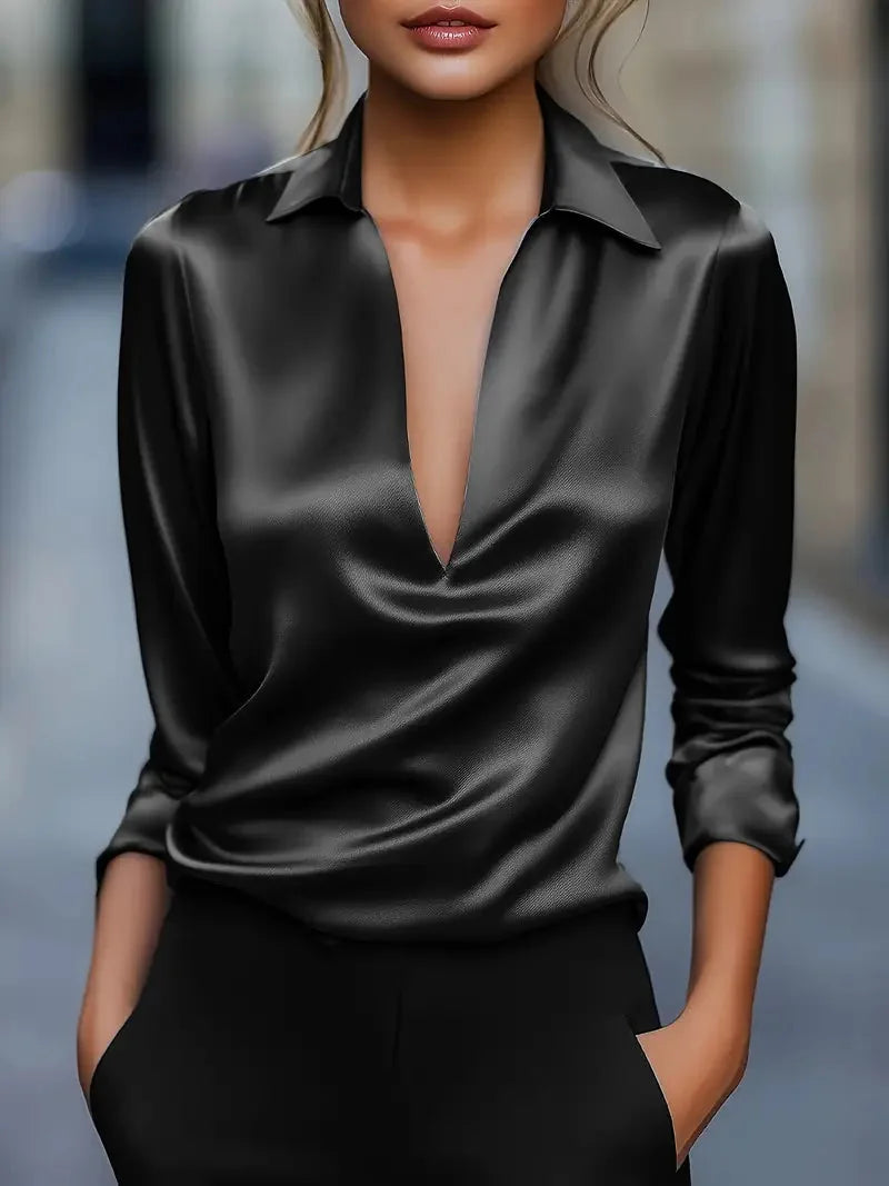 Satin Draped V Neck Collared Blouse