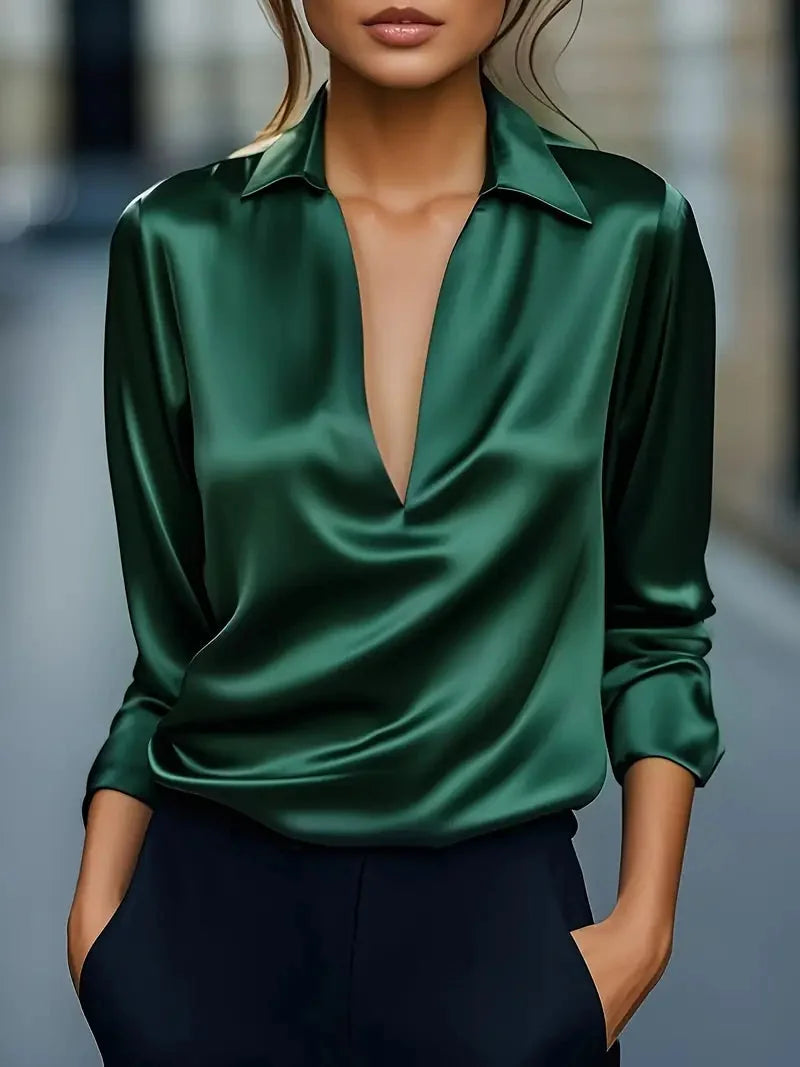Satin Draped V Neck Collared Blouse