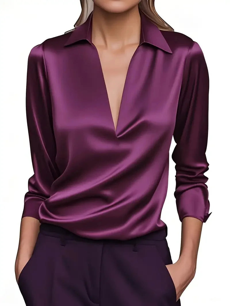 Satin Draped V Neck Collared Blouse