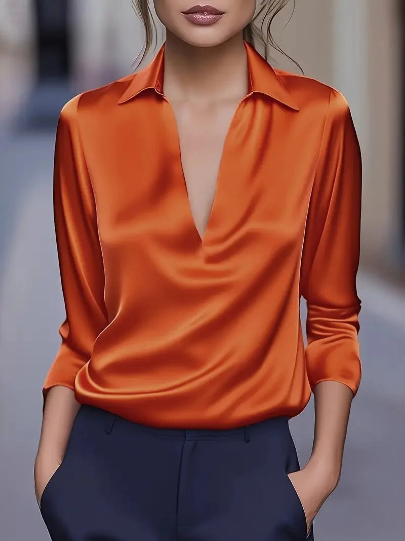 Satin Draped V Neck Collared Blouse