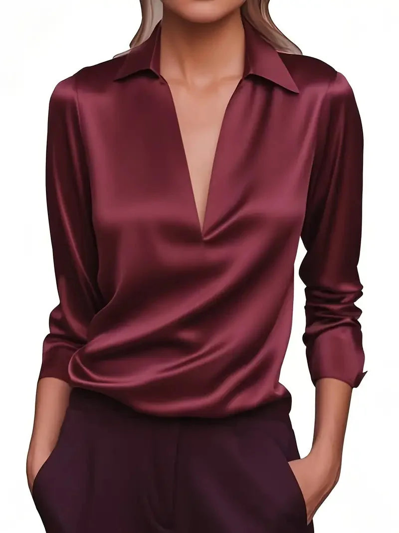 Satin Draped V Neck Collared Blouse