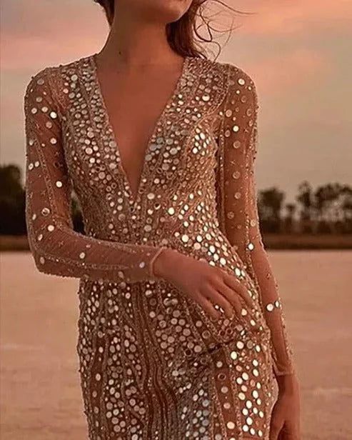 Sequin Dress with V Neck and Sheer Sleeves