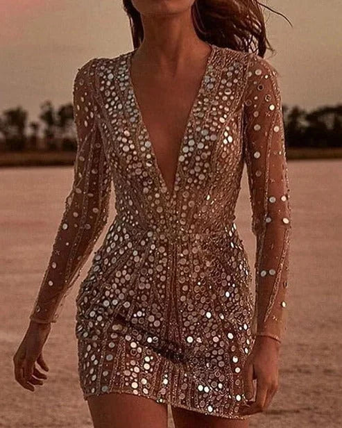 Sequin Dress with V Neck and Sheer Sleeves