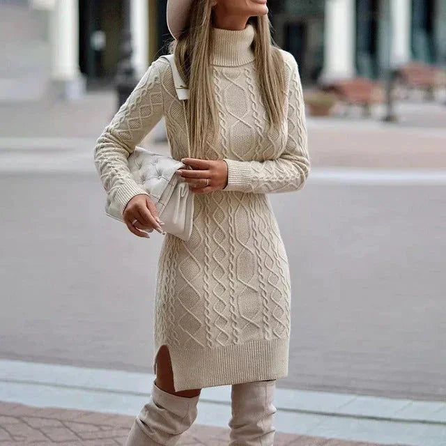 Sweater Dress Women – Black Cable Knit Roll Neck Sweater Dress