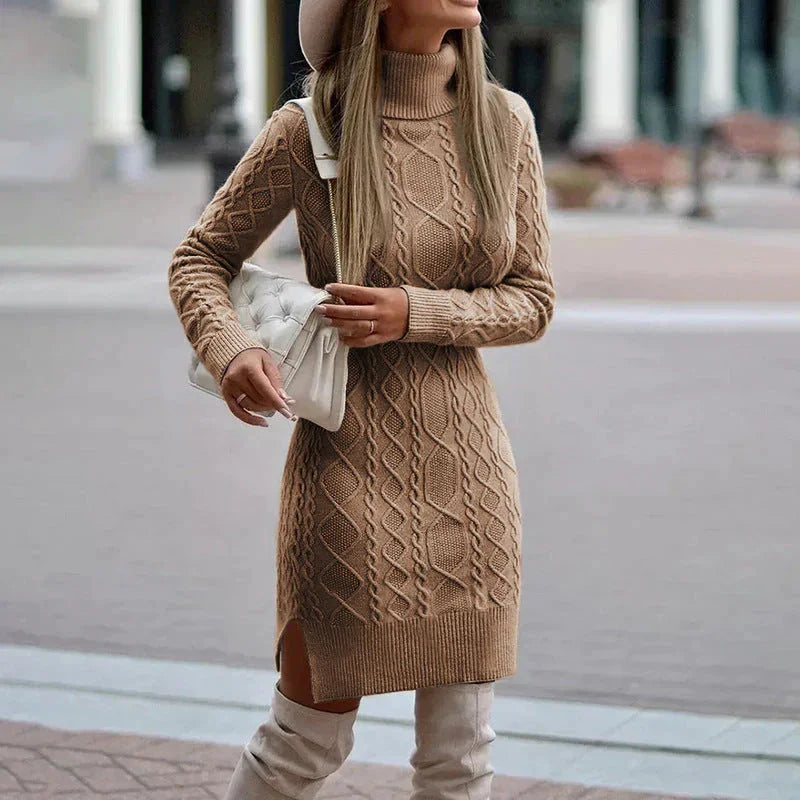 Sweater Dress Women – Black Cable Knit Roll Neck Sweater Dress