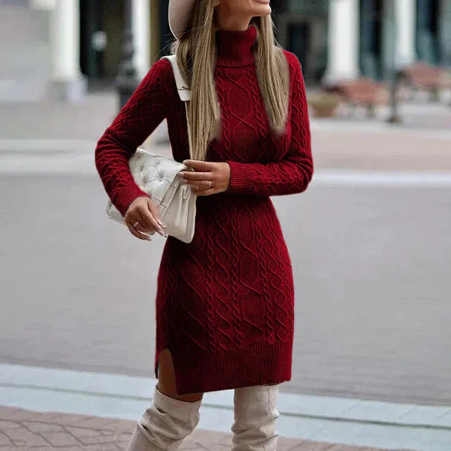 Sweater Dress Women – Black Cable Knit Roll Neck Sweater Dress