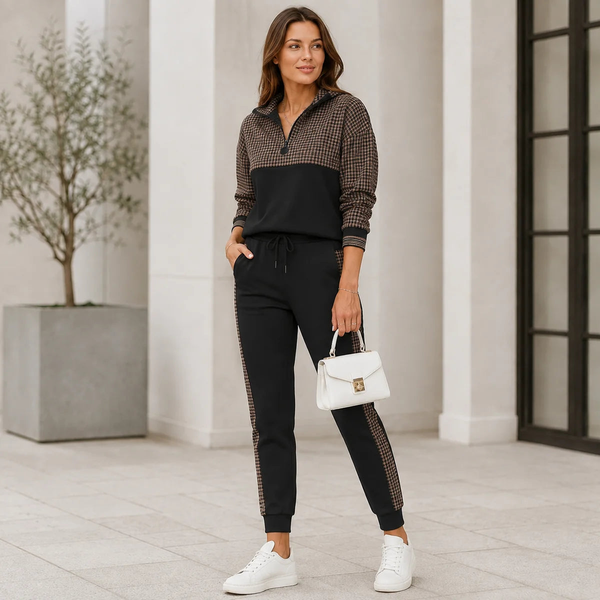 Two Piece Set – Beige Lounge Set Top and Pants