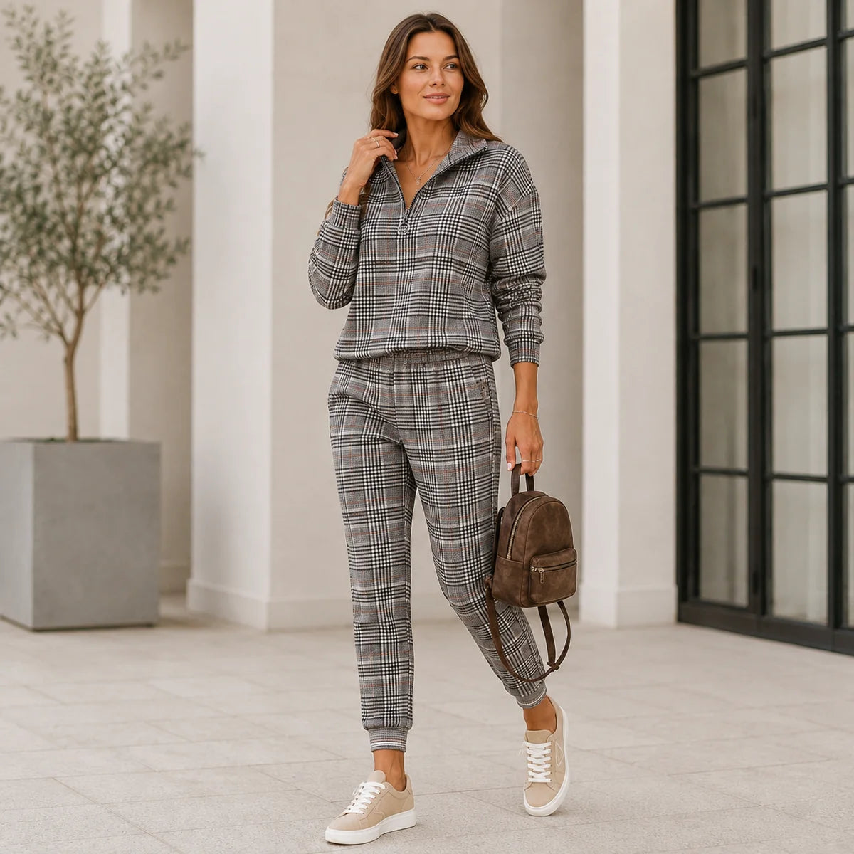 Two Piece Set – Beige Lounge Set Top and Pants