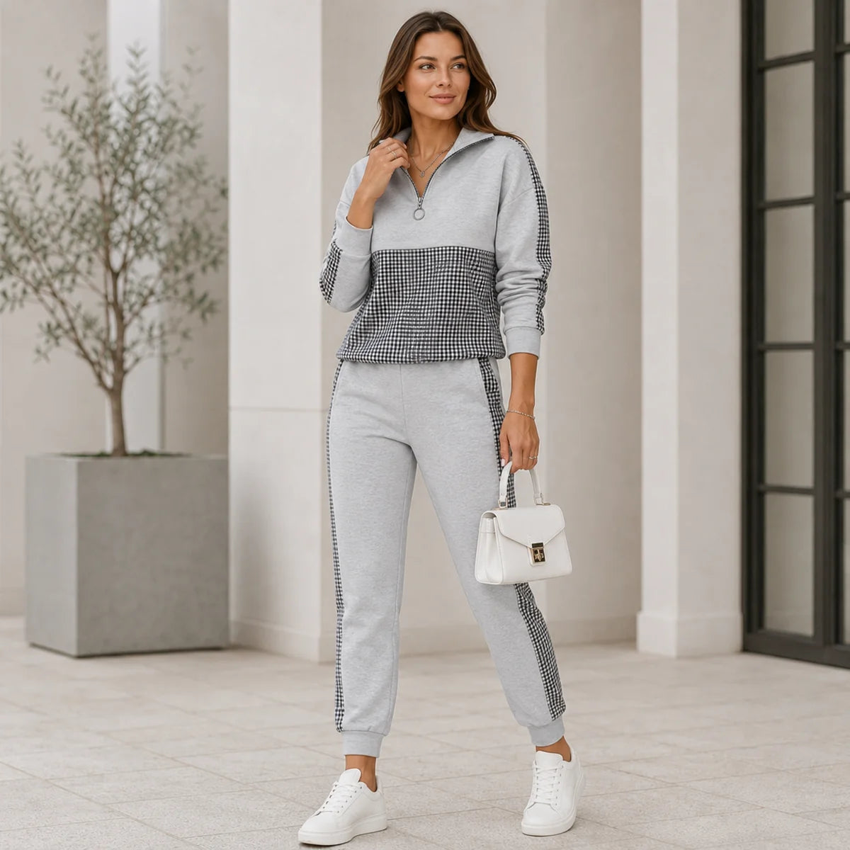 Two Piece Set – Beige Lounge Set Top and Pants