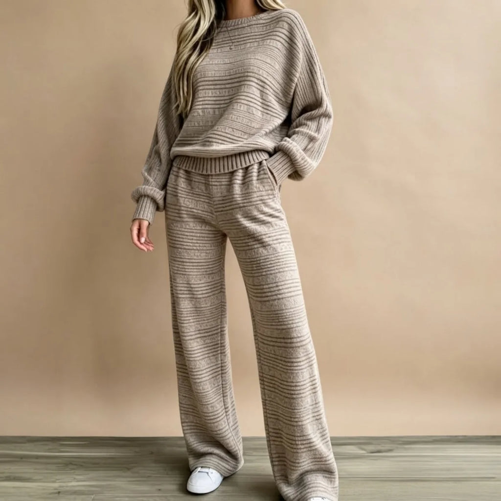Two Piece Set – Beige Striped Knit Top and Pants