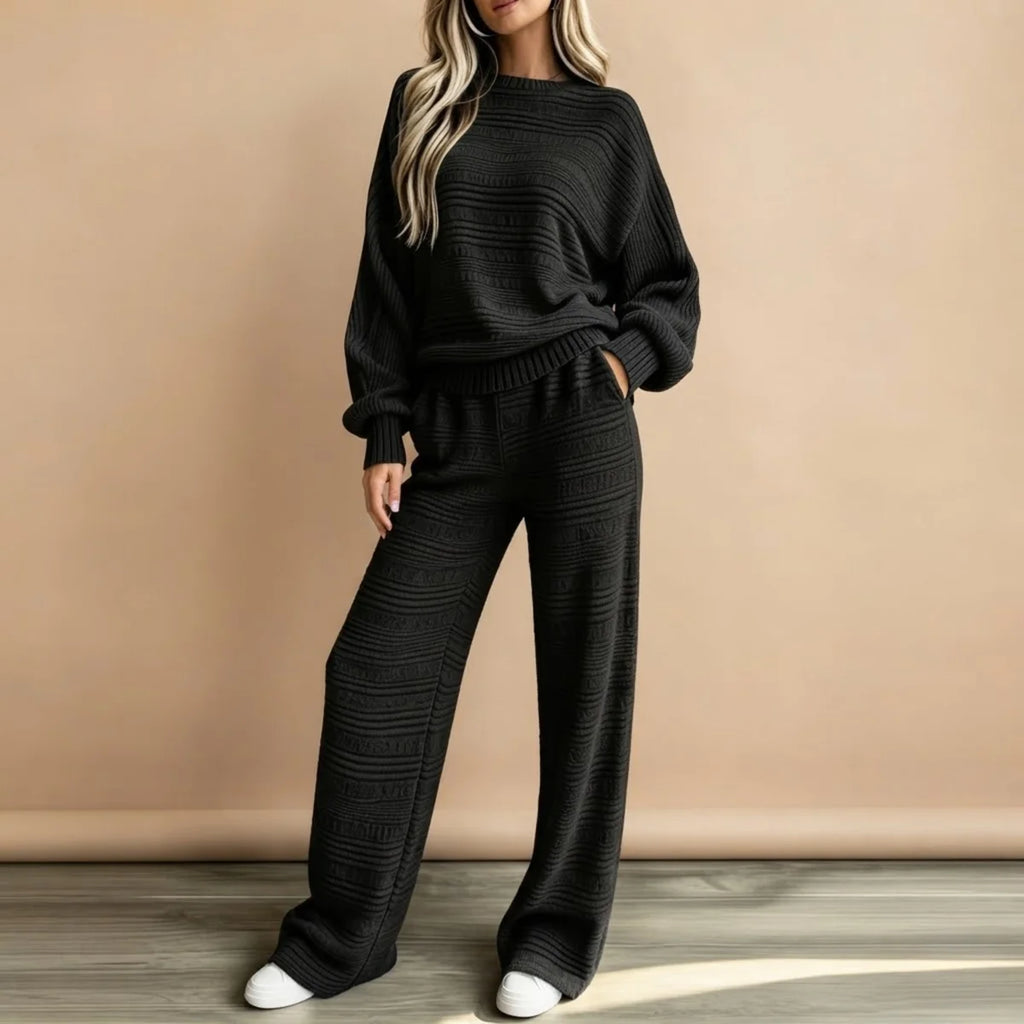 Two Piece Set – Beige Striped Knit Top and Pants