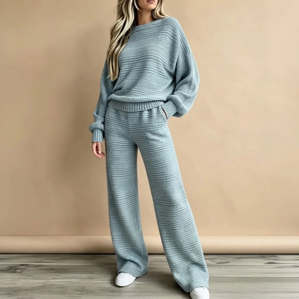 Two Piece Set – Beige Striped Knit Top and Pants