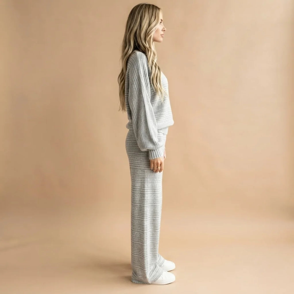 Two Piece Set – Beige Striped Knit Top and Pants