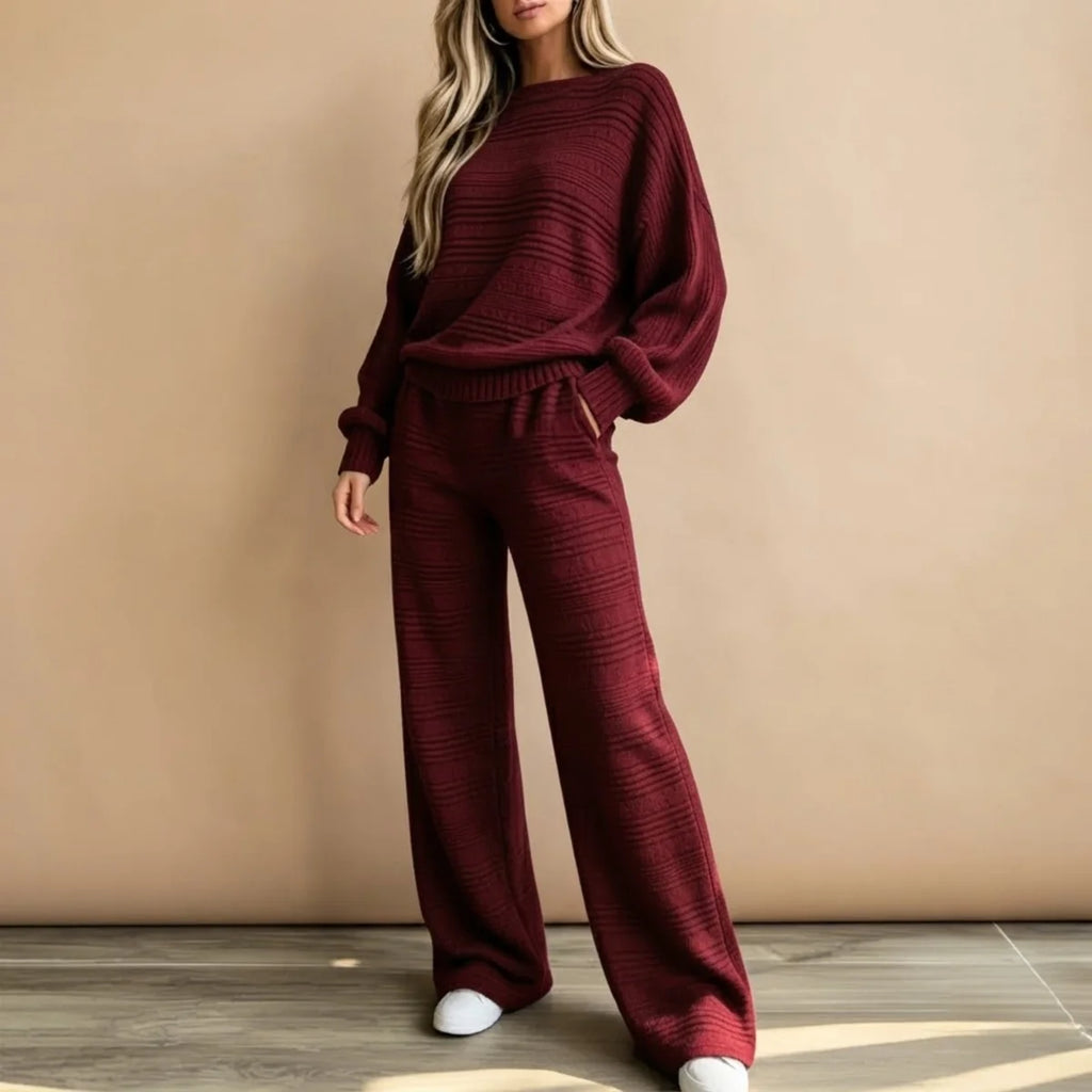 Two Piece Set – Beige Striped Knit Top and Pants