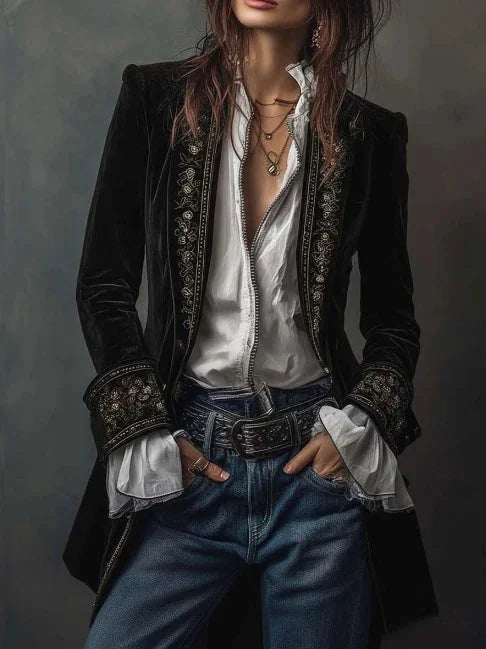 Velvet Jacket Embroidered Single Button