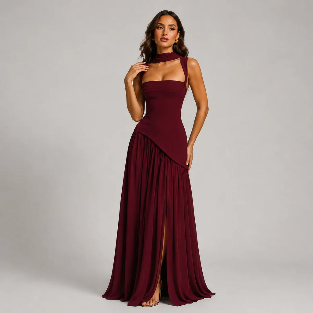 Wedding Guest Draped Maxi Dress with Side Slit