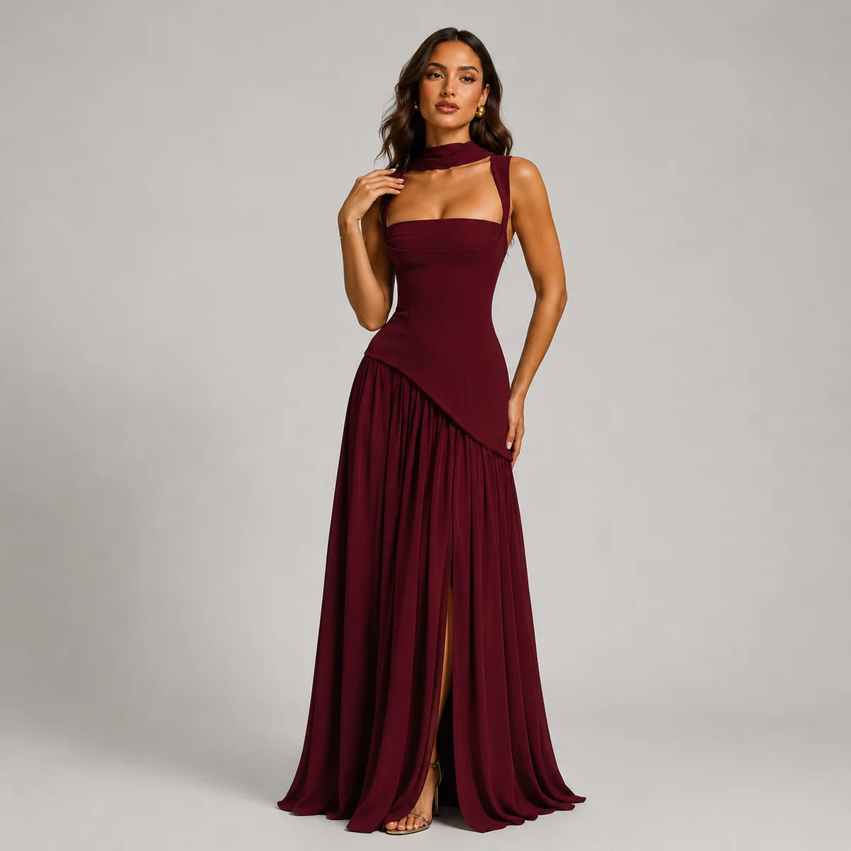 Wedding Guest Draped Maxi Dress with Side Slit