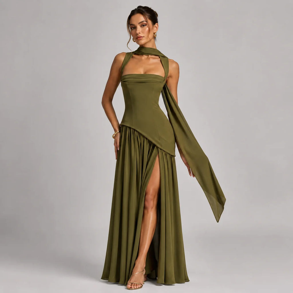 Wedding Guest Draped Maxi Dress with Side Slit