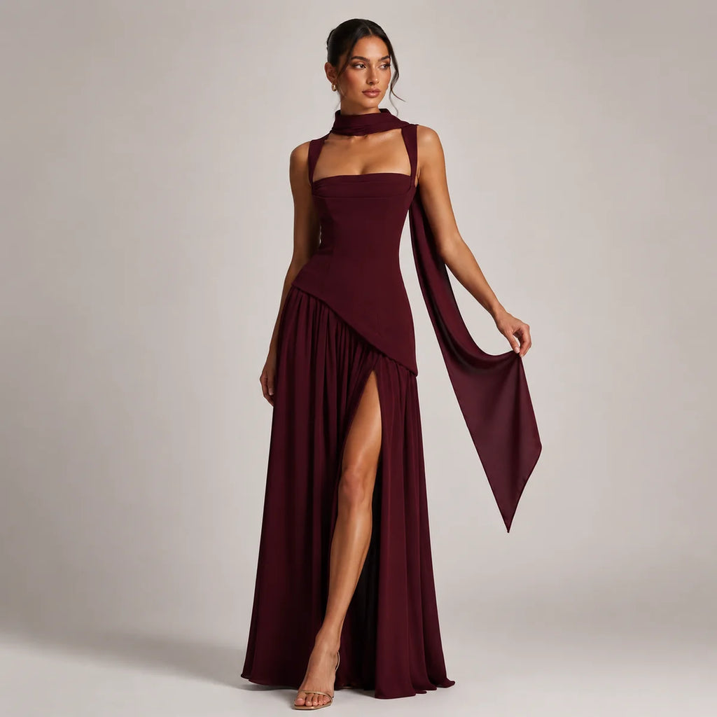 Wedding Guest Draped Maxi Dress with Side Slit