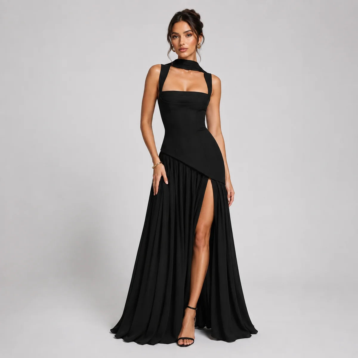 Wedding Guest Draped Maxi Dress with Side Slit