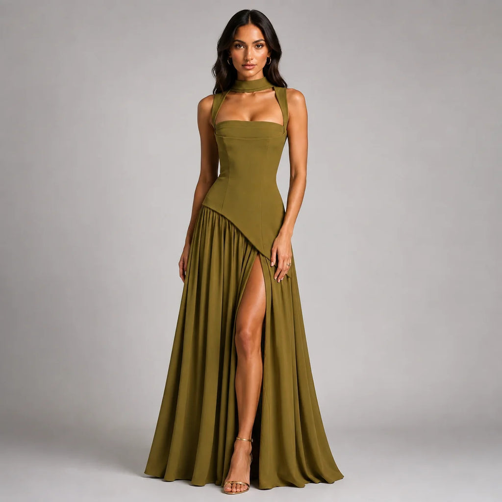 Wedding Guest Draped Maxi Dress with Side Slit