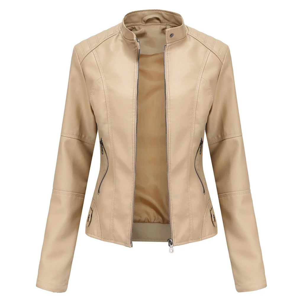 Women's Faux Leather Jacket – Red Stand-Collar Zip-Front