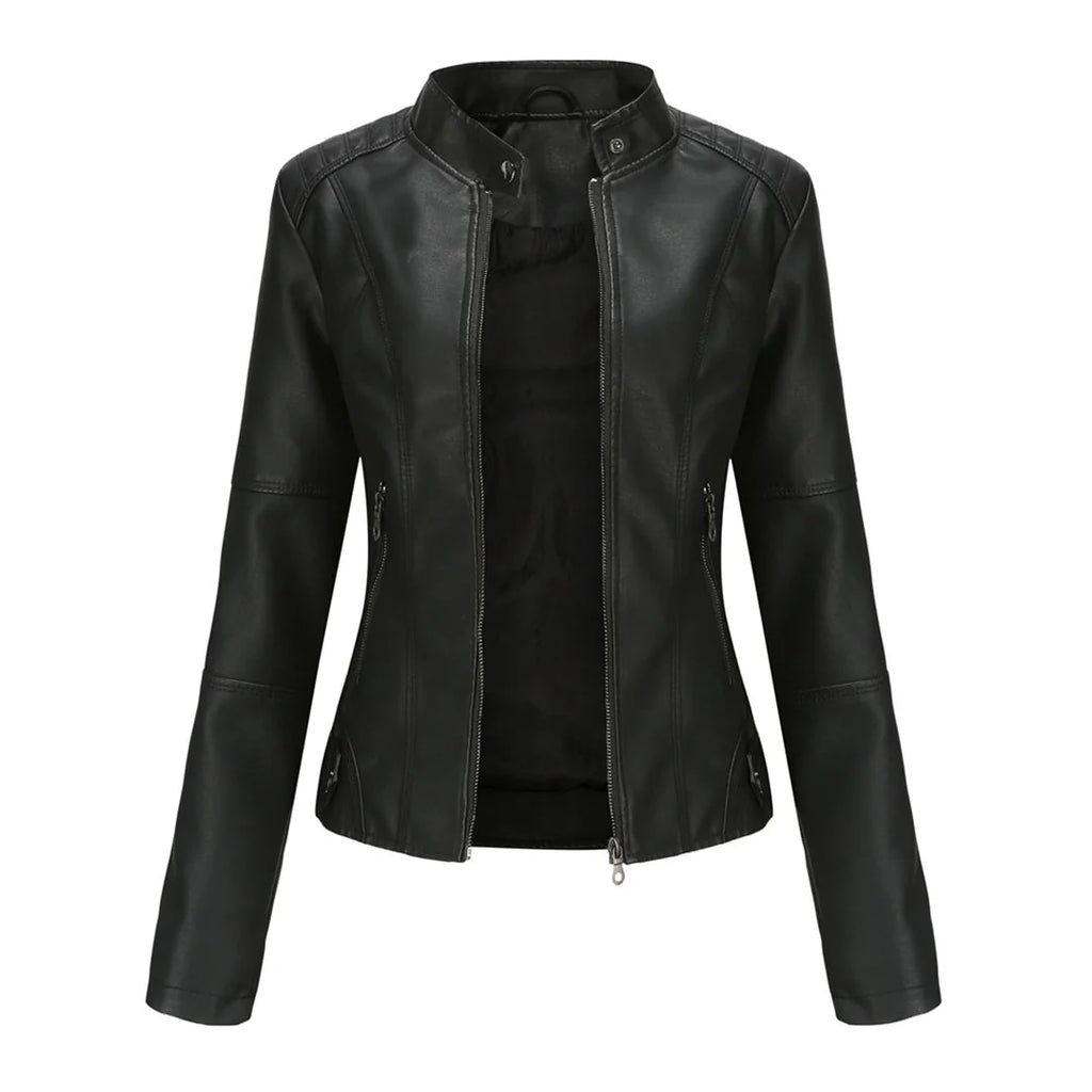 Women's Faux Leather Jacket – Red Stand-Collar Zip-Front
