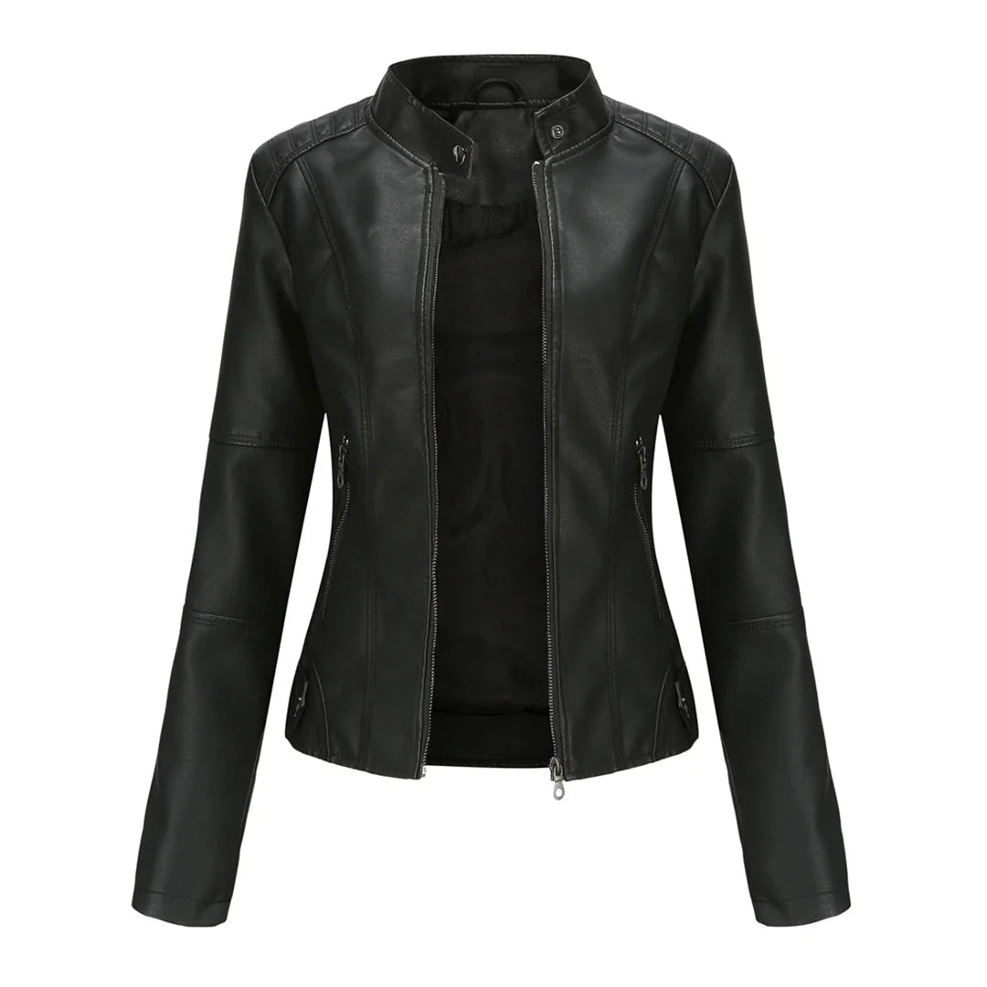 Women's Faux Leather Jacket – Red Stand-Collar Zip-Front