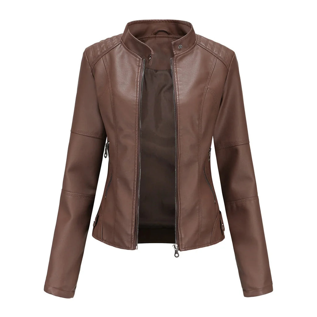 Women's Faux Leather Jacket – Red Stand-Collar Zip-Front