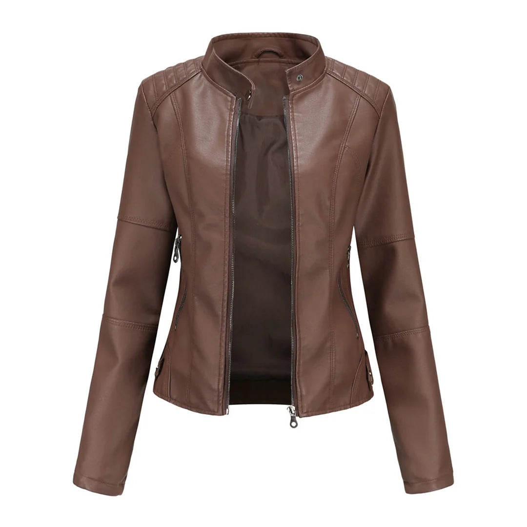 Women's Faux Leather Jacket – Red Stand-Collar Zip-Front