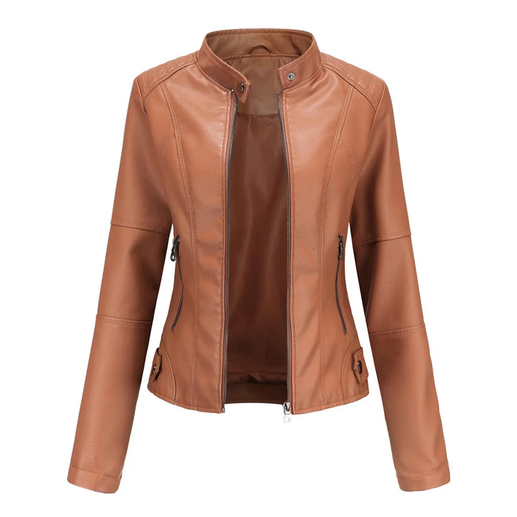 Women's Faux Leather Jacket – Red Stand-Collar Zip-Front
