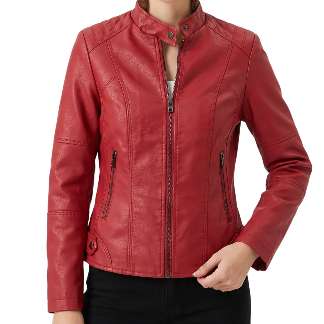 Women's Faux Leather Jacket – Red Stand-Collar Zip-Front