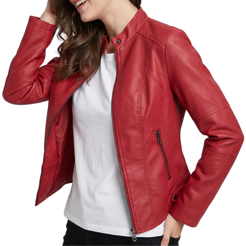 Women's Faux Leather Jacket – Red Stand-Collar Zip-Front