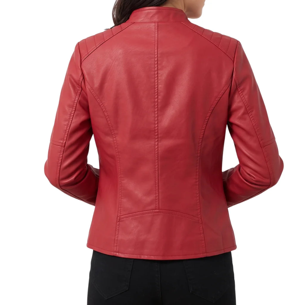 Women's Faux Leather Jacket – Red Stand-Collar Zip-Front