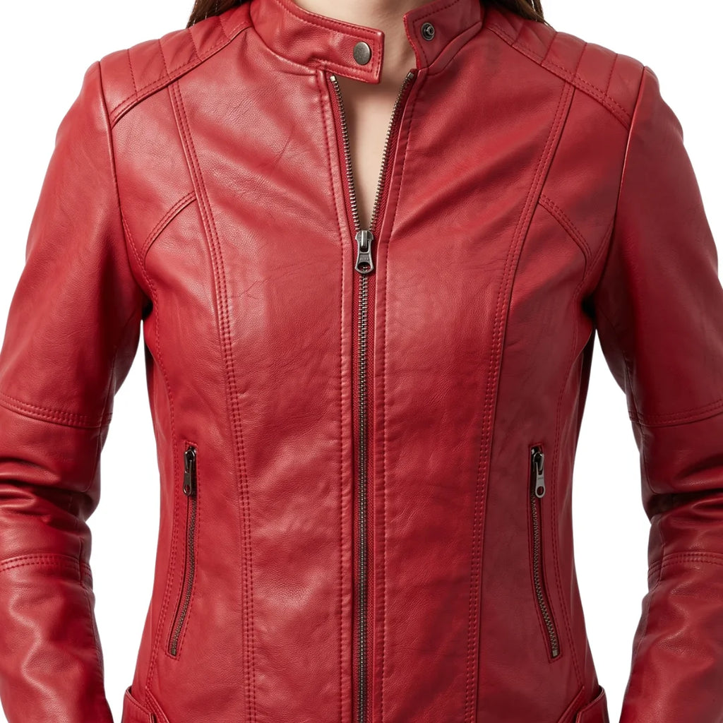 Women's Faux Leather Jacket – Red Stand-Collar Zip-Front