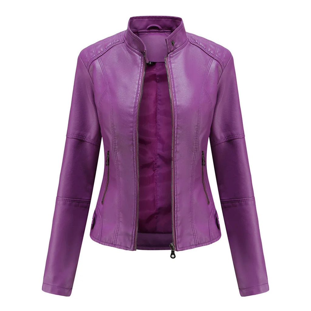 Women's Faux Leather Jacket – Red Stand-Collar Zip-Front