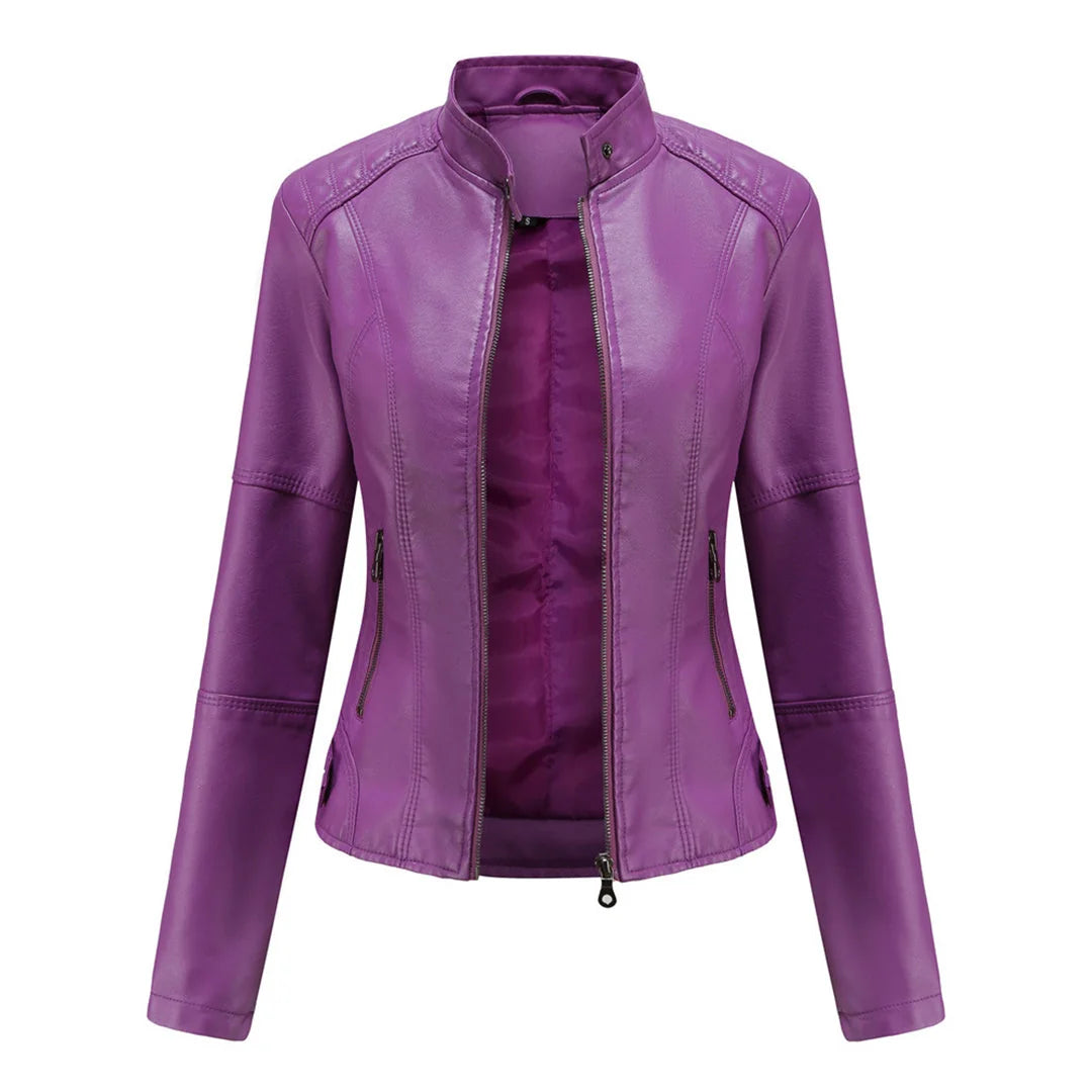 Women's Faux Leather Jacket – Red Stand-Collar Zip-Front
