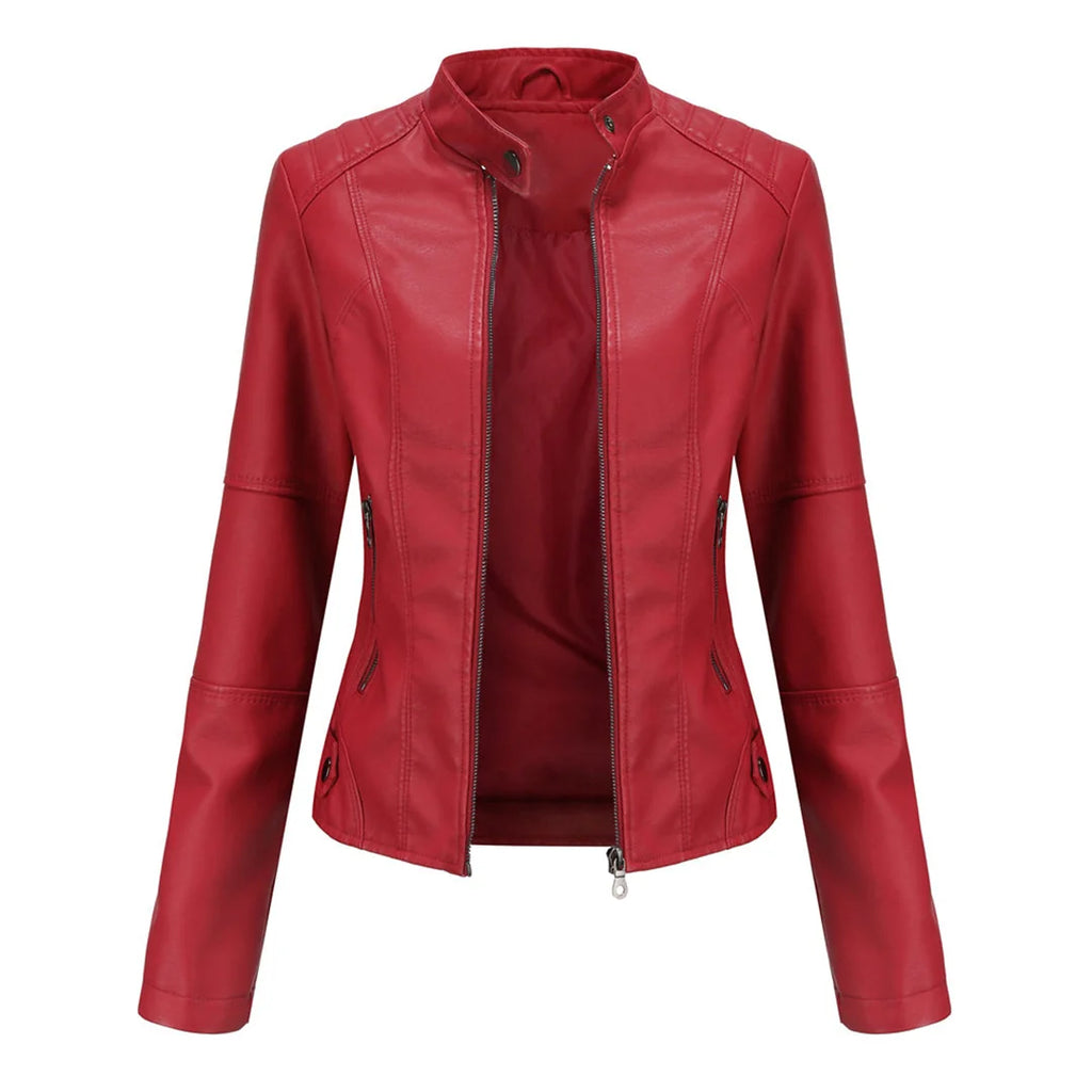 Women's Faux Leather Jacket – Red Stand-Collar Zip-Front