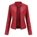 Women's Faux Leather Jacket – Red Stand-Collar Zip-Front