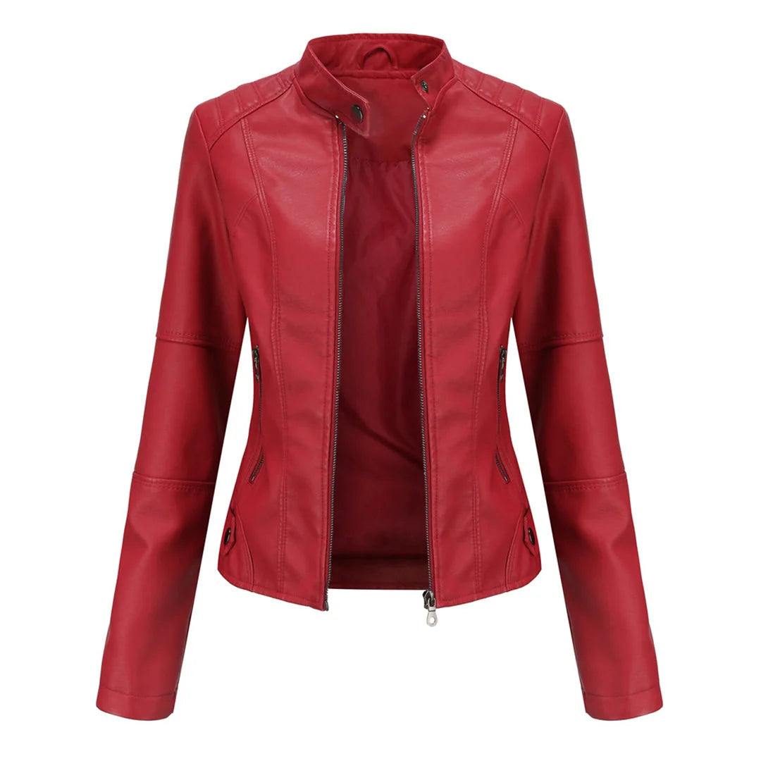 Women's Faux Leather Jacket – Red Stand-Collar Zip-Front