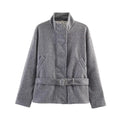 Wool Blend Coat Short with Stand Collar and Belt