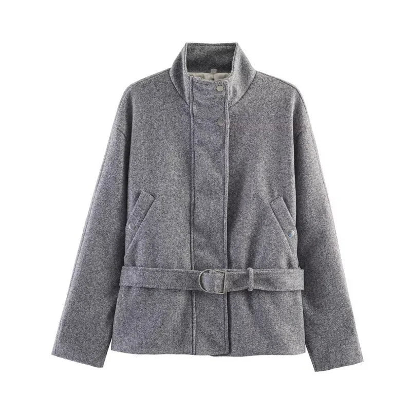 Wool Blend Coat Short with Stand Collar and Belt