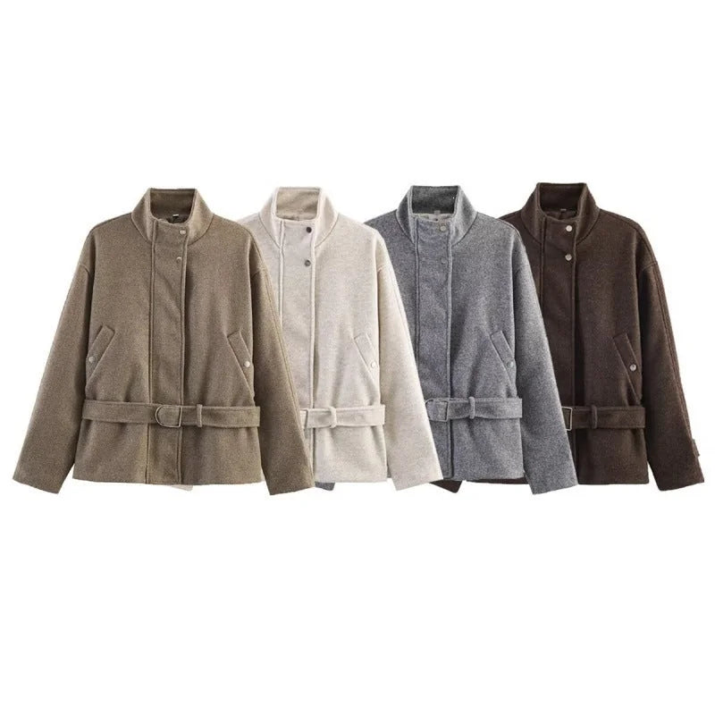 Wool Blend Coat Short with Stand Collar and Belt